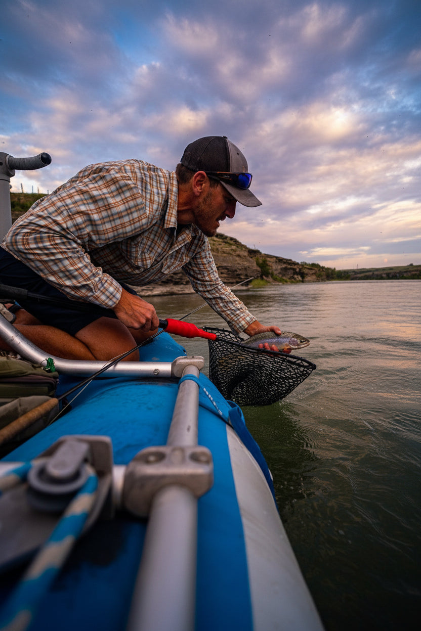 Man in raft holding fish