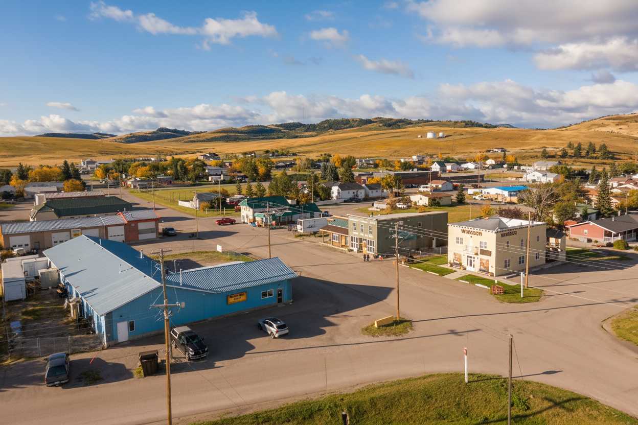 Small town with buildings and vehicles on a sunny day